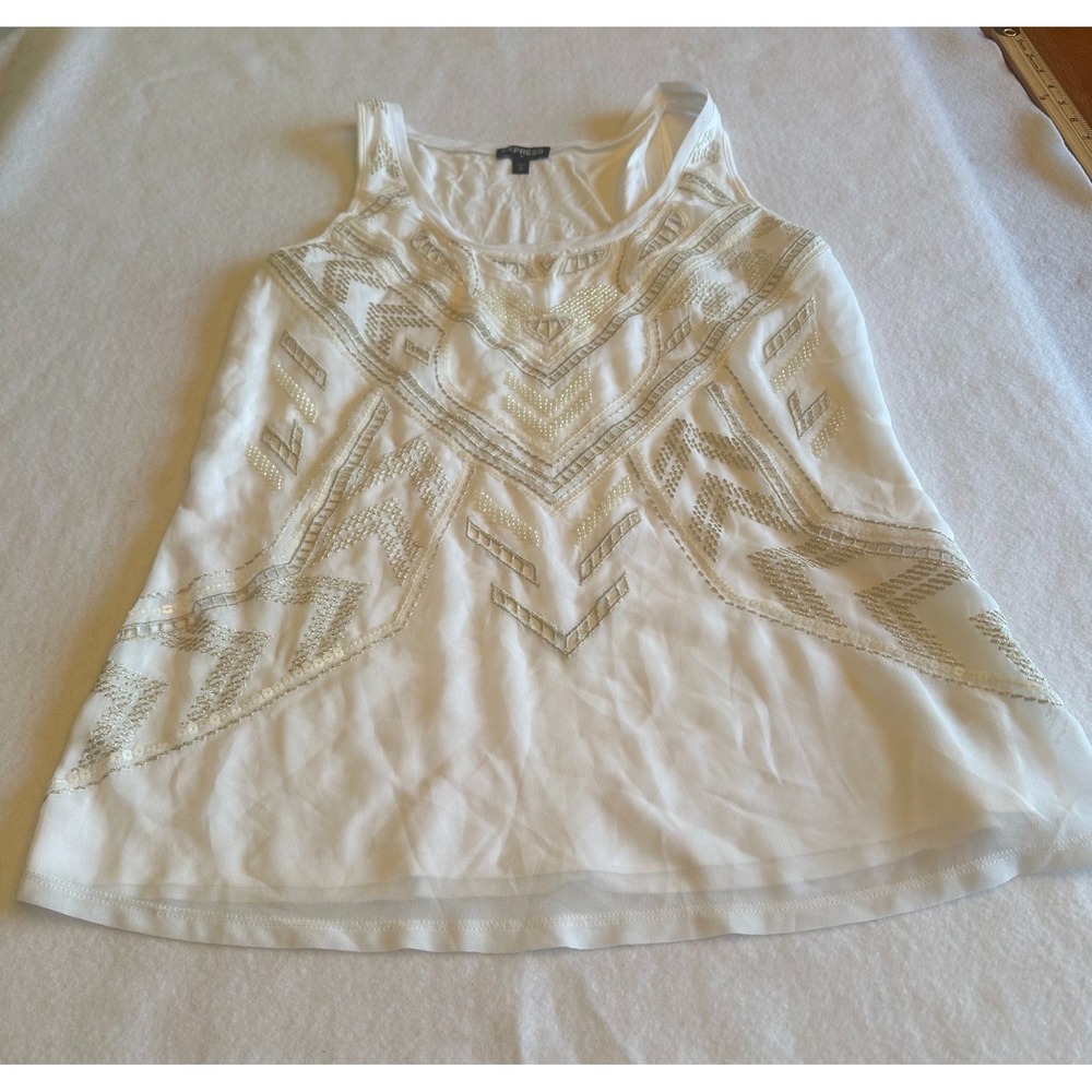 Express White Beaded Sequin Tank‎ Top Medium Geometric Glam Party Sleeveless